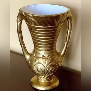 Vintage Mid Century Modern Antique Dual Jug Handled Gold Plated Porcelain Vase